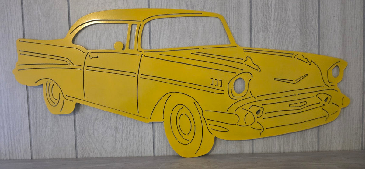 Yellow classic car metal silhouette by IR Fabrication